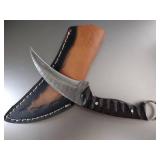 handmade Damascus steel fixed blade curved knife mushroom hunting skinner full tang hard wood handle 8 inch total length with leather sheath