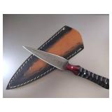 handmade Damascus steel fixed blade dagger double edge boot knife mushroom hunting skinner full tang hard wood handle 7.5 inch total length with leather sheath