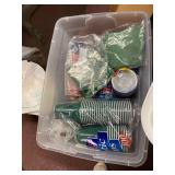 Tote of paper cups, and napkins, some silverware