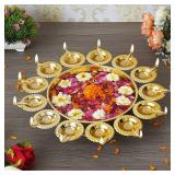 Kalakriti Metal (14 inch) Diya Shape Flower Decorative Urli Bowl for Home Floating Flowers and Tea Light Candles Home Table Decor| Diwali Decoration Items, Golden