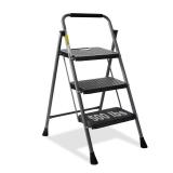 3 Step Ladder, GOLYTON Folding Step Stool with Anti-Slip Wide Pedal & Convenient Handgrip, 500lbs Capacity Steel Ladder for Household and Office, Grey