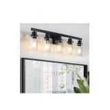 5-Light Black Bathroom Vanity Light, Modern Vanity Lighting Fixture for Bathroom, 31" Matte Light Fixture, Wall Sconces with Clear Glass Shade, Black Bathroom Wall Light Over Mirror