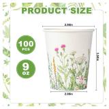 AimFun Floral Party Cups Vintage Botanical Paper Cups 9oz Wildflower Herb Beverage Disposable Drinking Cups for Birthday Bridal Shower Easter Party Supplies (100, Vintage Botanical)