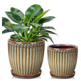 Oairse Ceramic Pots for Indoor Plants, 4.9 +5.7 inch Pots for Plants Set of 2 Brown Plant Pots with Drainage Holes and Saucers Texture Ceramic Planters Indoor Outdoor Flower Pots for Succulent