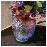 Fenton ruffled edge vase 8.5 in tall with faux lilacs and faux African violet