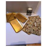 8 vintage Japanese alcohol proof paper mache trays, appx 8.5 x 5in and a vintage empty Rawleigh pure granulated pepper tin