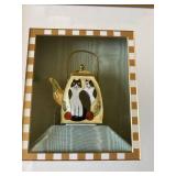 2 shadow box framed kitty cat tea kettles framed size 12x11x2.5 deep