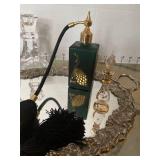 Vanity accessories, perfume bottles mirrored tray beaded, cloth and more