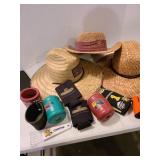 Straw hats and koozies (2 hats have holes)