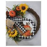 Fall Wreaths for Front Door 12" Give Thanks Wreath Vine Wreath with Pumpkin Sunflower Bowknot Harvest Thanksgiving Decoration for Thanksgiving Harvest Front Door Wreath Decor, Farmhouse Outdoor