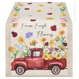 USA Farm Fresh Flowers Table Runner, Red Truck with Colorful Daisies Ladybugs Table Runners 13x48 Inch Kitchen Dining Table Decoration for Indoor Outdoor Home Party and Dresser Decor