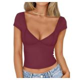 Trendy Queen Womens Deep V-Neck Backless Tops Short Sleeve Slim Fit T-Shirts Basic Y2K Tops Bustier Corset Cami 2024 Wine Red S