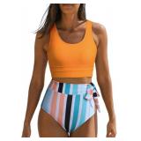 Dokotoo High Waisted Bikini Sets for Women 2024 Beach Scoop Neck Sleeveless Racerback Striped Print Trendy Swimsuit Sexy High Cut Tummy Control Bathing Suit Orange Large