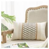 Mayler Yee Lumbar Throw Pillow Covers 12 x 20 Inch 1PC for Farmhouse Living Room, Cotton & Burlap Textured Striped Woven Boho Pillow Covers (Beige & Black Grid)