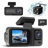 3 Channel 4K Dash Cam, Dash Camera for Cars with 64GB SD Card, 4K+1080P+1440P Dash Cam Front and Rear Inside, Super Night Vision, Loop Recording, G-Sensor, Motion Detection, 24 Hours Parking Mode