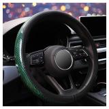 ZHOL Carbon Fiber Steering Wheel Cover, Universal 15 Inch Microfiber Leather Auot Car Steering Wheel Cover for Women Men, Anti-Slip, Black&Green