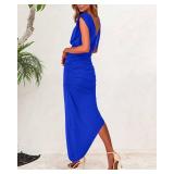 BTFBM Semi Formal Dresses for Women Sleeveless Sundress Asymmetrical Slit Ruched Bodycon Long Wedding Guest Dresss(Solid Royal Blue, Small)