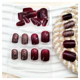 Press on Nails Short Acrylic Nails Press ons Square Burgundy Fake Nails Glossy False Nails with Silver Glitter Designs Cover Short Artificial Stick Glue on Nails for Women 24 Pcs