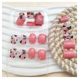 Short Press on Nails Square Shape Pink Fake Nails with Flower Leaves Design Nails Press ons Glossy Glue on Nails Cute Acrylic Nails Full Cover Stick on Nails for Women 24 Pcs