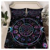 Sun and Moon Fitted Sheet Twin Size,Starry Galaxy Zodiac Constellation Bedding Set 2Pcs for Kids Boys Girls Room Decor,Neon Blue Purple Bed Sheet Hippie Boho Deep Pocket Sheet,1 Pillowcase