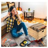 Wicker Vinyl Record Storage Box, Decorative LP Storage Organizer, Collapsible Handwoven Vinyl Record Holder for 100+ 12" Albums, Suitable for Living Room, Study, Concert Hall or Office