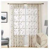 HOMEIDEAS Taupe Sheer Curtains 52 X 96 Inches Long 2 Panels Beige Embroidered Leaf Pattern Pocket Faux Linen Floral Semi Sheer Voile Window Curtains/Drapes for Bedroom Living Room