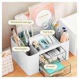 Marbrasse Pen Organizer with 2 Drawer, Multi Functional Pencil Holder for Desk, Desk Organizers and Accessories with 5 Compartments + Drawer for Office Art Supplies (White)