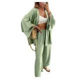 Asskdan Womens 2 Piece Outfits Lounge Sets Linen High Waisted Pants Oversized Cardigan 2023 Trendy Vacation Set (Fruit Green, S)