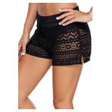 Women Board Shorts Lace Bikini Bottom Swimdress Swimsuit Skort (Black_Lace, S)