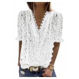 SHEWIN Womens Cute Spring Summer Sexy Lace Crochet V Neck Short Sleeve Boho Shirts Casual Loose Ladies Blouses Flowy Dressy Tops for Women Fashion 2022,US 16-18(XL),White