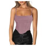 Adreamly Women Mesh Ruched Bustier Spaghetti Straps Open Back Zip Up Boned Corset Going Out Crop Cami Top White Small