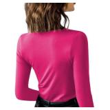 Avanova Women Long Sleeve Ruched Front Top Mock Neck Work Fitted Blouse Shirt Hot Pink Medium