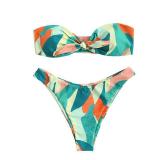 ZAFUL Knotted Bandeau Bikini for Women Strapless Swimsuits High Cut Bathing Suit Sexy 2 Piece Swimwear Green Print L