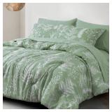 PHF 7 Pieces Queen Comforter Set, Ultra Soft Bed in A Bag Comforter & Sheet Set- Reversible Botanical Bedding Set Include Comforter, Pillow Shams, Flat Sheet, Fitted Sheet and Pillowcases, Sage Green