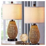 CINSARY Touch Control Rattan Table Lamps, 3 Way Dimmable Bedside Lamps for Bedroom Set of 2 with 2 USB Ports and AC Outlet, Wicker Nightstand Lamps for Living Room (LED Bulbs Included) - Retail: $90.1