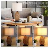 CINSARY Touch Control Rattan Table Lamps, 3 Way Dimmable Bedside Lamps for Bedroom Set of 2 with 2 USB Ports and AC Outlet, Wicker Nightstand Lamps for Living Room (LED Bulbs Included) - Retail: $90.1