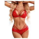 Avidlove Women Lingerie Lace Bra and Panty Set Strappy Two Piece Babydoll Carmine Red Medium