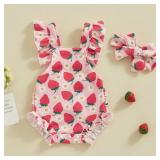 Mubineo Baby Girl Summer Clothes Ruffle Overall Romper Outfits Cute Sleeveless Overalls Rompers Newborn Outfit (Pink Red Strawberry, 12-18 Months)