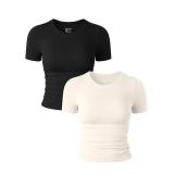 OQQ Womens 2 Piece Shirts Short Sleeve Crew Neck Ruched Stretch Fitted Tee Shirts Crop Tops Black Beige Small