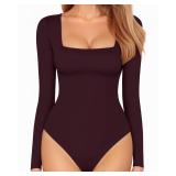 MANGOPOP Womens Bodysuit Square Neck Long Sleeve Slim Fitted Tops (Burgundy, Medium)