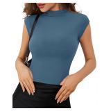 KTILG Sleeveless Tunic Tops for Women Mock Neck Ribbed Knit Casual Blouse Sexy Slim Fit Tank Top Lightweight Grey Blue XL