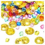 Hanaive 150 Pieces Plastic Pirate Gold Coins Acrylic Colored Gems Fake Gems Buried Pirate Treasure Pirate Party Decorations for Halloween Pirate Adventure Themed Event Birthday Party Props Decor