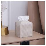 Tissue Box Cover PU Leather Tissue Holder Square Facial Tissue Case Facial Paper Organizer Dispenser for Bathroom, Vanity Countertop, Tabletop, Car, Griege