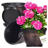 Plastic Plant Flower Planters 10 Inch with Drainage Hole & Saucer, 3 Packs Lightweight Small Resin Flower Pot Indoor Outdoor, Retro Antique Imitation Decorative Garden Containers Sets for Houseplants