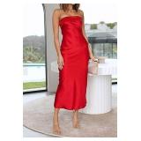 MEROKEETY Women Strapless Satin Tube Bodycon Dress Backless Cutout Cocktail Party Maxi Dress Red X Small