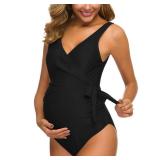 Tempotrek Maternity Swimsuit One Piece Elegant V Neck Pregnancy Swimwear Tie Front Bowknot Bathing Suit Monokini XL