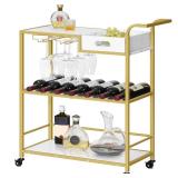 HOOBRO Gold Bar Cart, Home Bar Serving Cart, 3-Tier Wine Cart with Wine Rack & Glass Holder, Drink Cart, Rolling Beverage Cocktail Cart for Home, Kitchen, Dining, Party, Bar, Gold and White DM29TC01