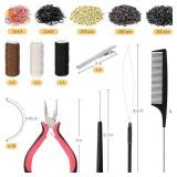 Hair Extension Tools Kit, 600 Silicone Lined Micro Rings, 1 Plier, 2 Hook Needle Pulling Loop, 10 Curved Hair Needle, 4 Metal Hair Clips, 1 Comb, 3 sewing threads, 200 Mini Rubber Bands