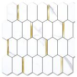 Vamos Tile Long Hexagon Peel and Stick Backsplash Tile - 10 Sheets Stick on Backsplash for Kitchen and Bathroom 12.4 x 12 Inch White Marble Look PVC Mixed Metal Gold Self Adhesive Mosaic Wall Tiles