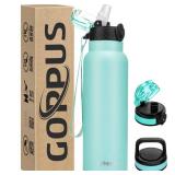 GOPPUS 24 oz Insulated Water Bottle With Straw Stainless Steel Sports Water Cup Flask with 3 Lids (Straw, Spout and Handle Lid) Wide Mouth Metal Water bottles for Men Women (Green)